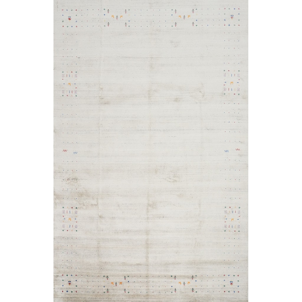 Hand Knotted Oriental Viscose Silk Carpet Tribal Animal Pictorial Beige & Ivories Gabbeh Area Rug - 11' 10'' X 8' 8''