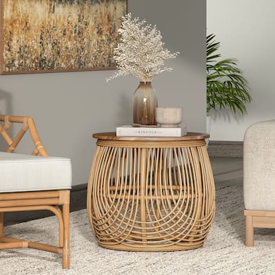 NPD Furniture Arlo Rattan Side / End Table with Wood Top