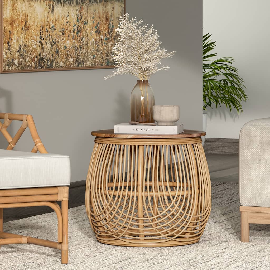 NPD Furniture Arlo Rattan Side / End Table with Wood Top