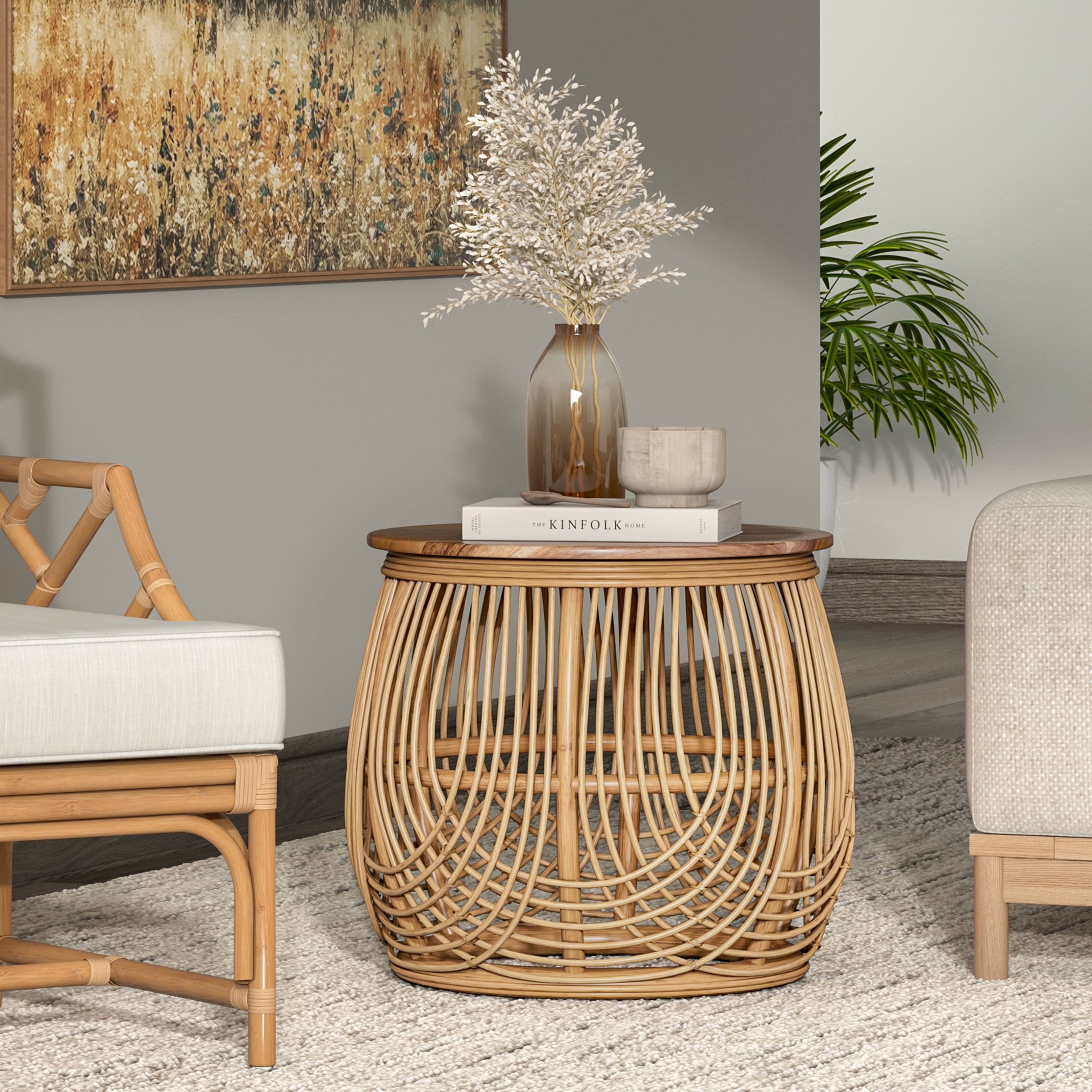 NPD Furniture Arlo Rattan Side / End Table with Wood Top