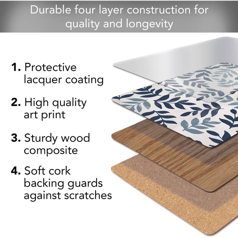 Blue Leaf Floral Decorative Hardboard Placemats with Protective Cork Backing 4 Pack Heat Tolerant and Easily Wipes Clean