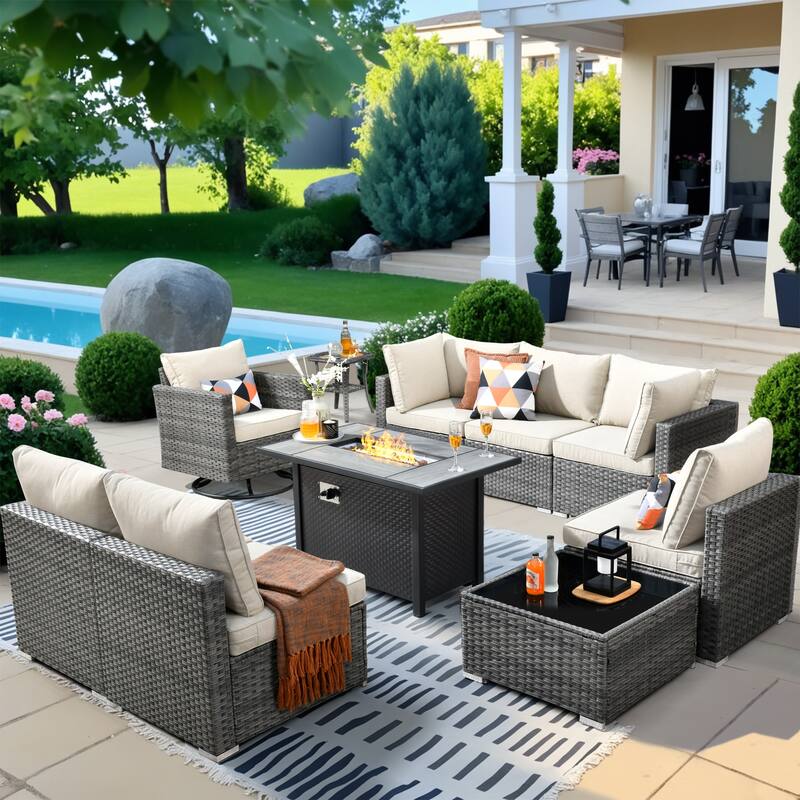 HOOOWOOO 10-piece Wicker Patio Furniture Sectional Sofa Set Swivel Rocker with Fire Pit Table - Beige