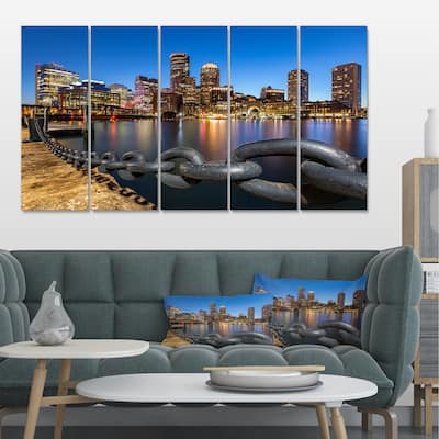 Designart "Boston Skyline at Dusk" Cityscape Photo Large Canvas Print - Multi-color