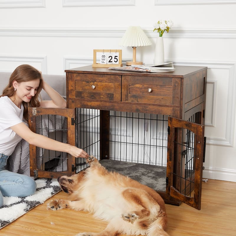 Dog Crate Furniture with Cushion & 2 Drawers