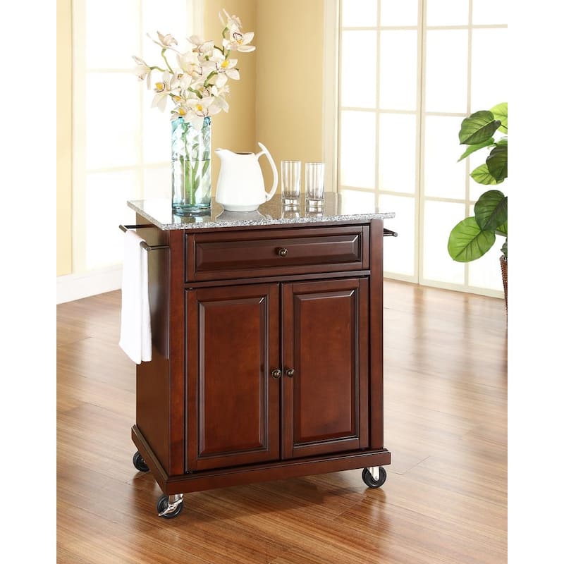 Compact Granite Top Kitchen Cart in White and Gray with Adjustable Storage Cabinet, Drawer, and Rolling Wheels