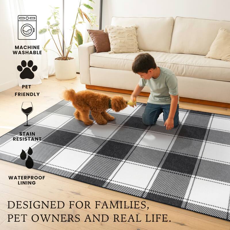 My Magic Carpet Machine Washable Area Rug Buffalo Plaid Black & White