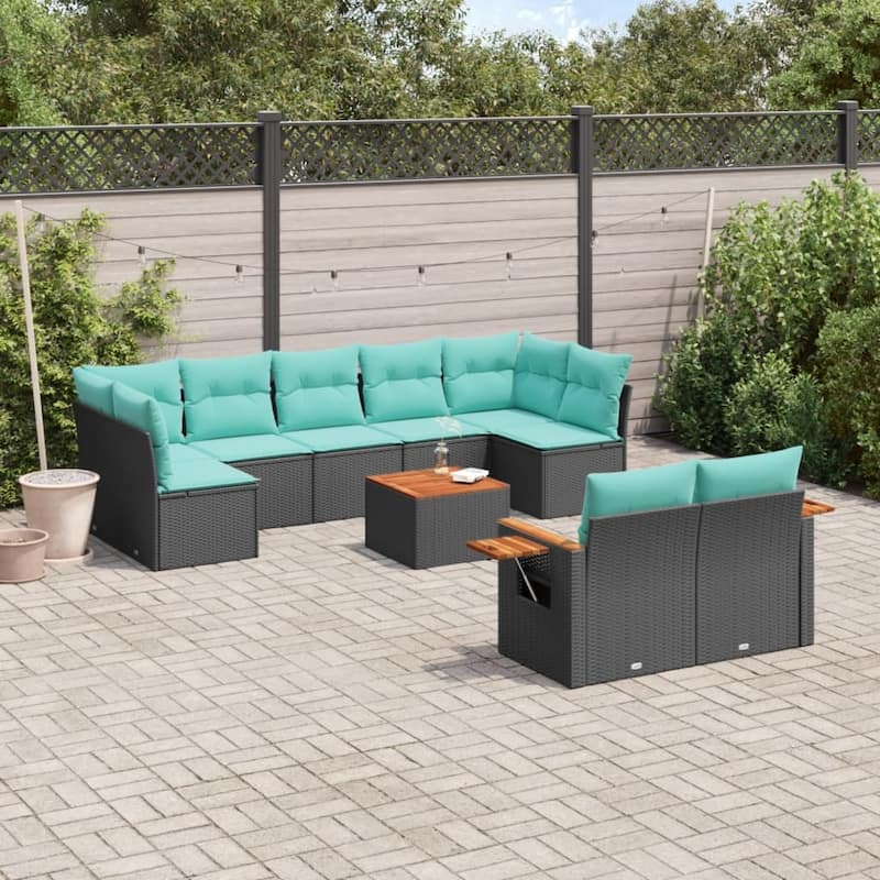 vidaXL 9 Piece Patio Sofa Set with Cushions Black Poly Rattan - 21.7x27.2x24.4-With table