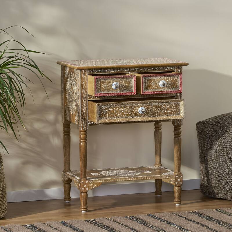 Handcrafted Farmhouse Mango Wooden 2 Drawer End Table Oriental Design - Unique, Durable & Stylish