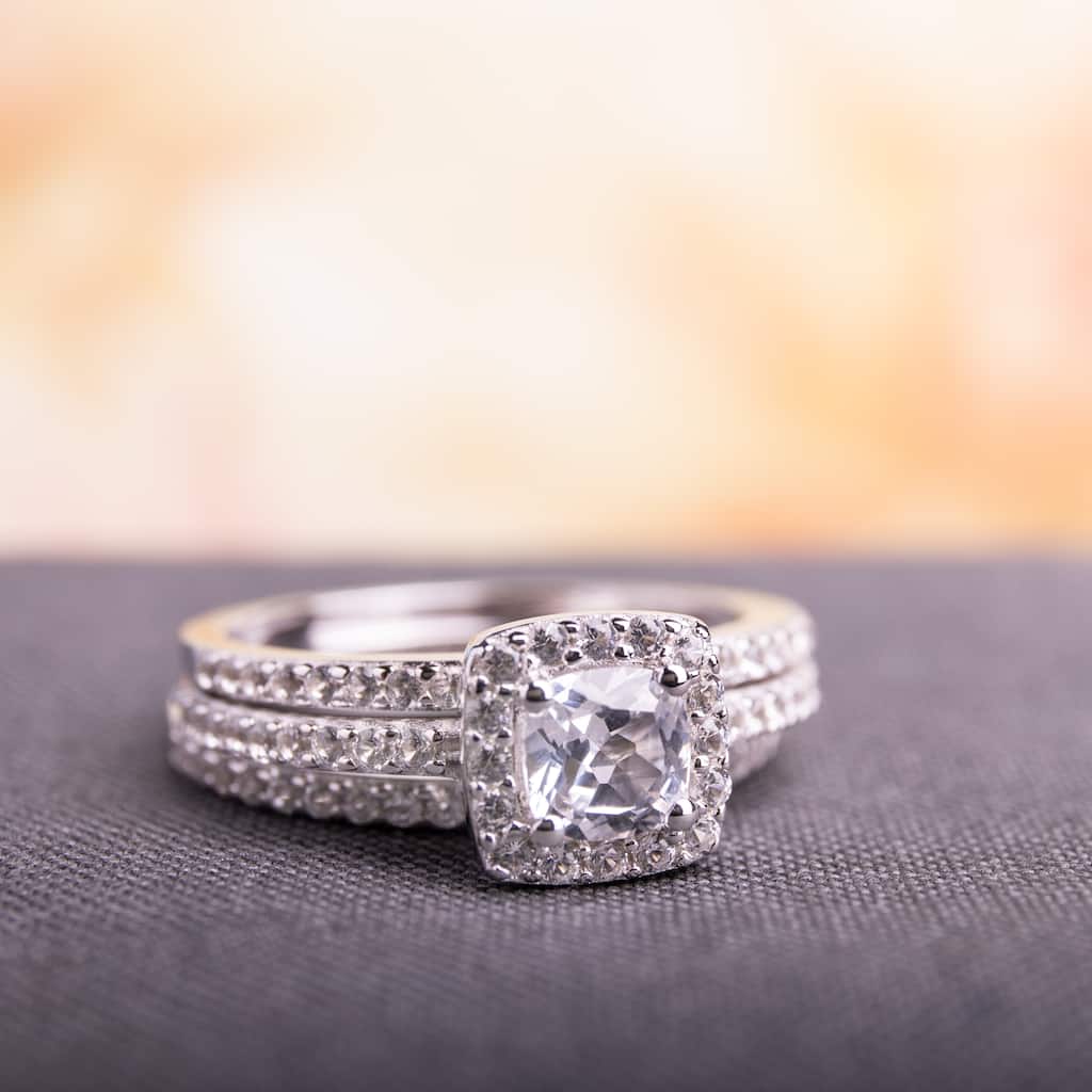 Miadora Sterling Silver Cushion and Round-cut Created White Sapphire Halo 3-piece Bridal Ring Set