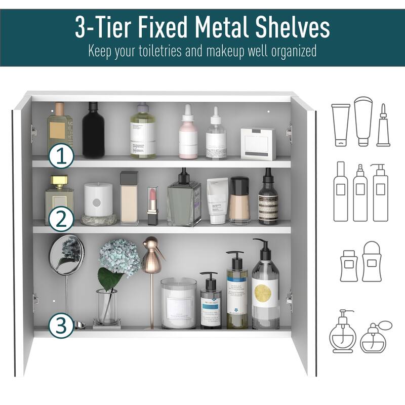 White Mirror Wall Mounted Cabinet with Glass Door and 3 Shelves for Bathroom Makeup and Storage Needs