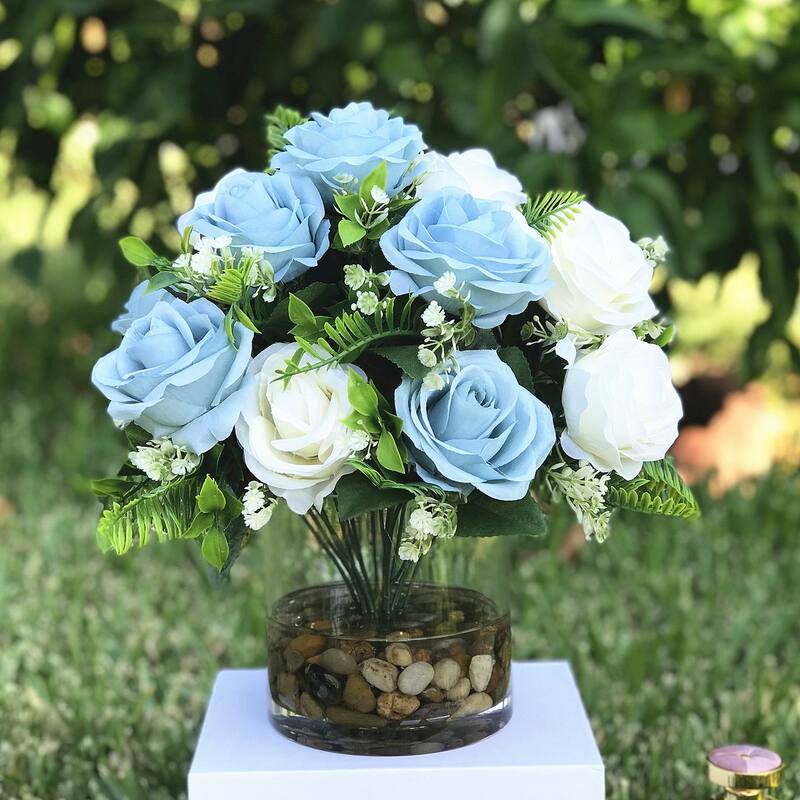 Enova Home Artificial 18 Heads Cream Blue Fake Silk Rose Flowers Arrangement in Clear Glass Vase with River Rock for Home Decor