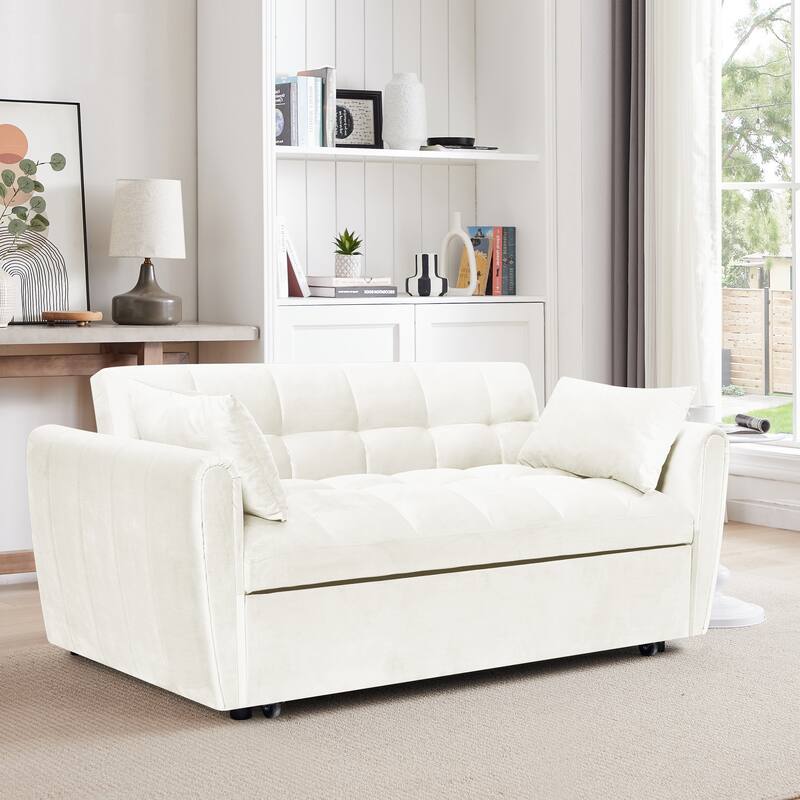Convertible Velvet Sofa Bed, 500lb Capacity Futon with Adjustable Back and Pillows, Ideal for Apartments - Beige
