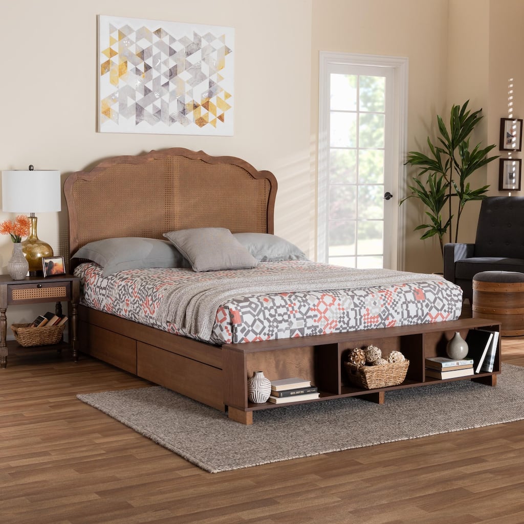 Latrell Mid-Century Walnut Brown Wood and Rattan Storage Bed
