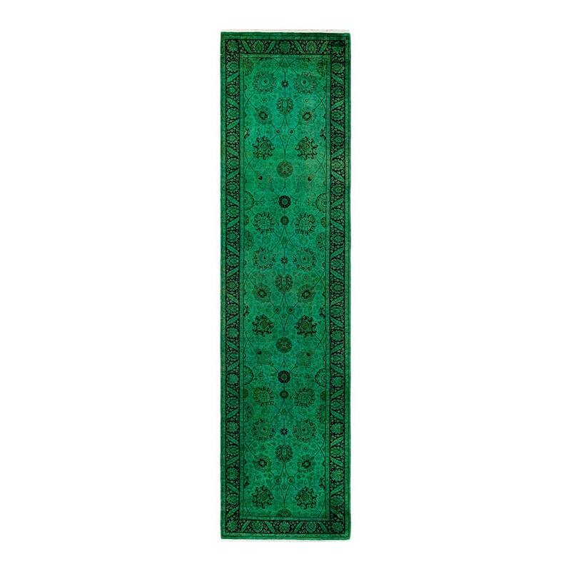 Overton Hand Knotted Wool Vintage Inspired Modern Contemporary Overdyed Green Area Rug - 3' 1" x 12' 3"