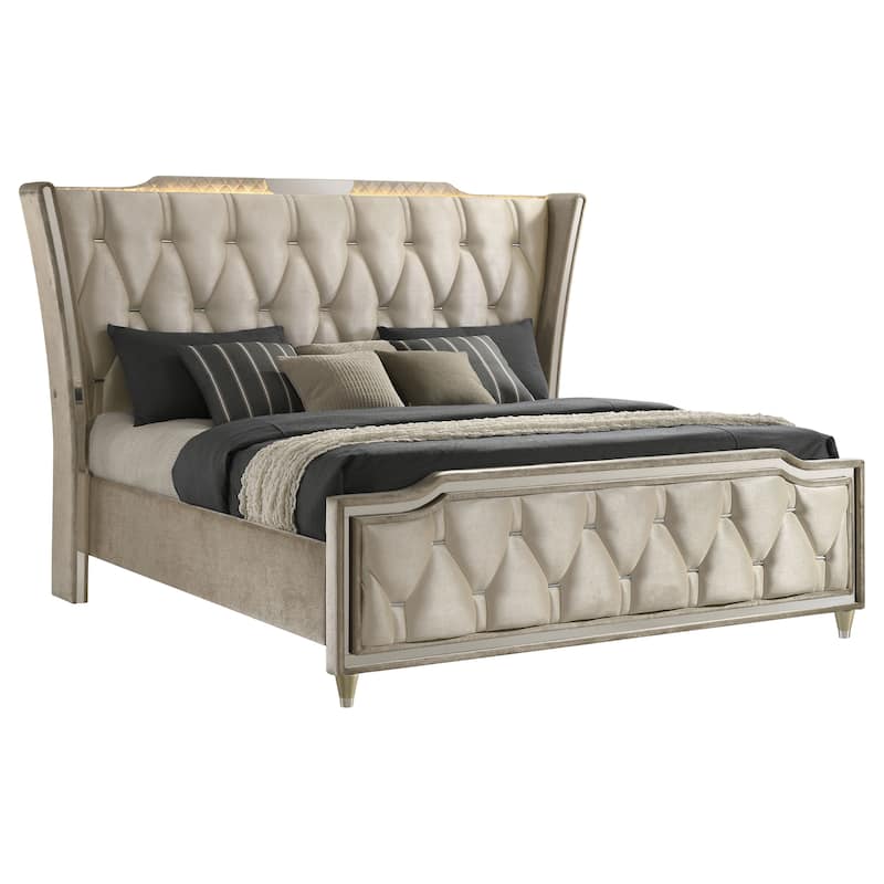 Lorient LED Upholstered Wingback Bed Ivory and Camel