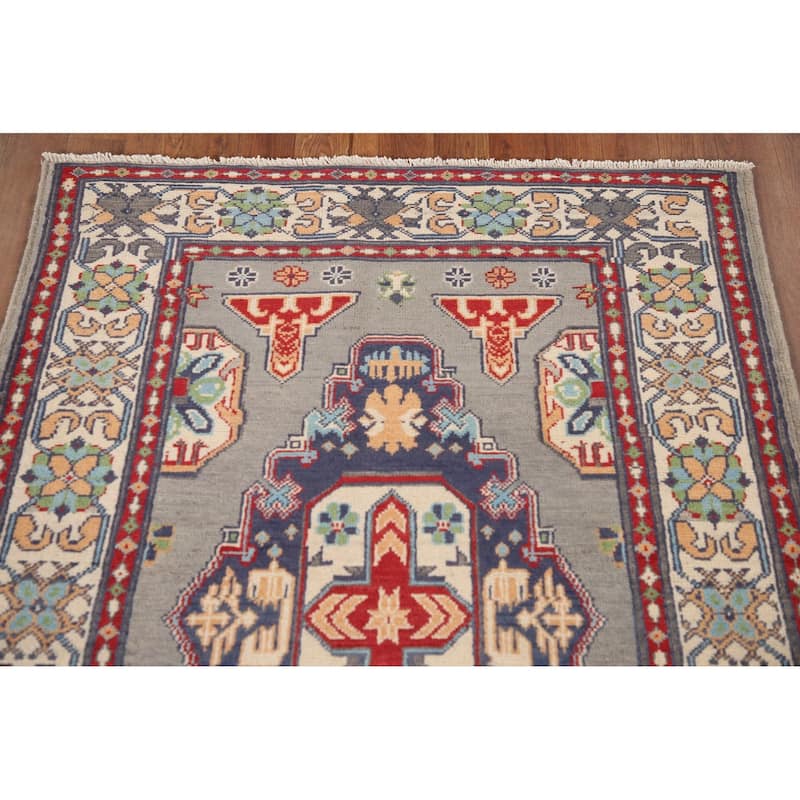 Geometric Kazak Oriental Rug Hand-Knotted Oriental Grey Wool Carpet - 3'6"x 4'10"