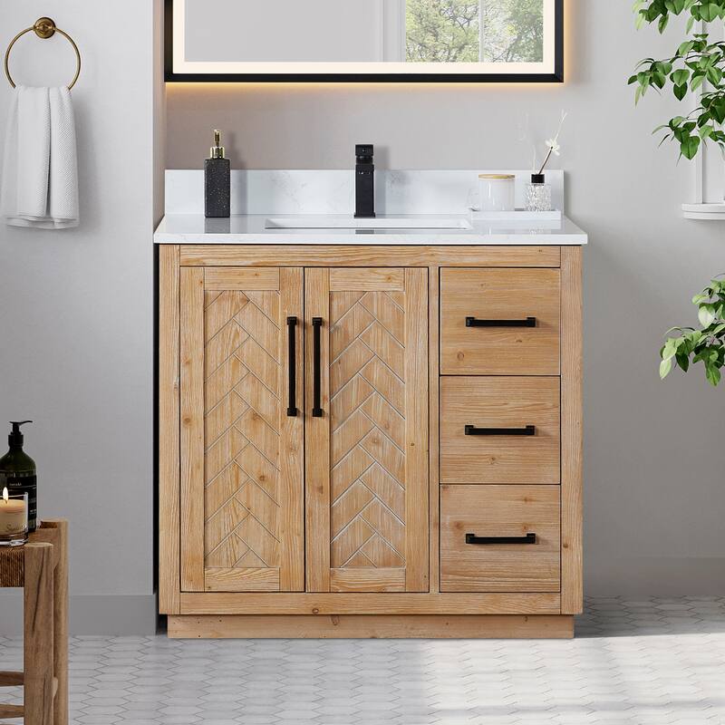 Anais 3Single Bathroom Vanity in Light Brown with Grain White Engineered Stone Countertop without Mirror