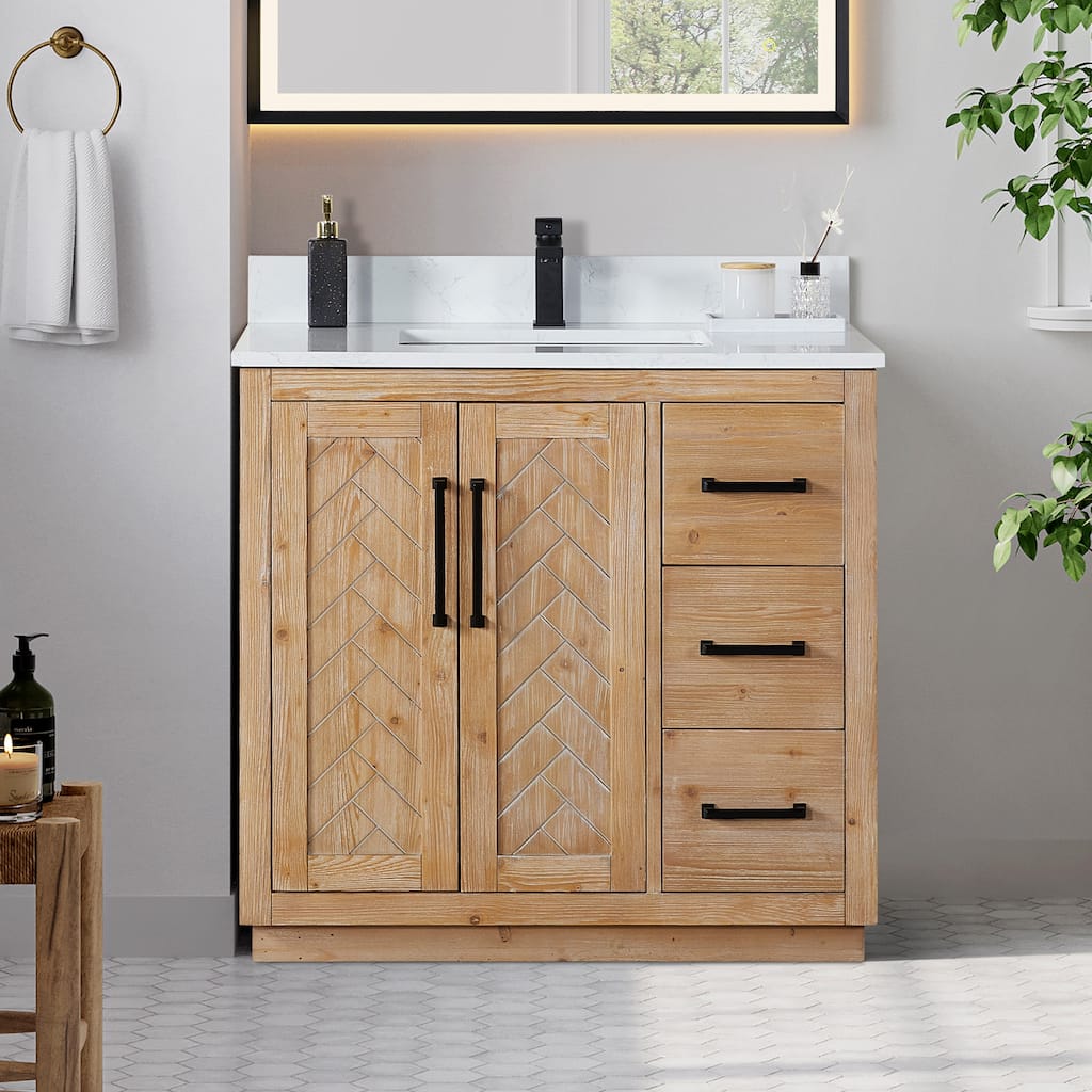Anais 3Single Bathroom Vanity in Light Brown with Grain White Engineered Stone Countertop without Mirror