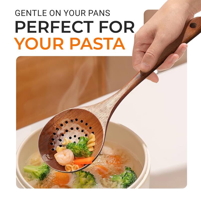 Cheer Collection Teak Wood Strainer Spoon with Drain Holes and Hanging Loop