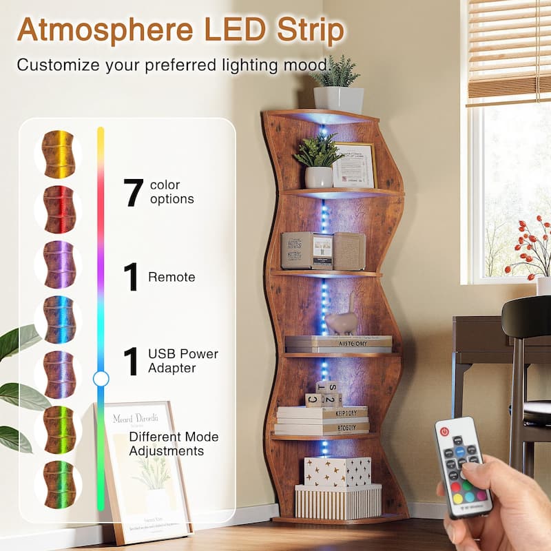 Javlergo 5-Tier Corner Bookshelf with LED Light Strip Seagrass Wave Design Tall Corner Bookcase with Lights for Living Room