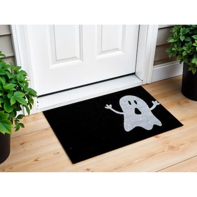 HomeRoots 17" X 29" White And Black Ghost Coir Outdoor Halloween Door Mat - 17' X '29
