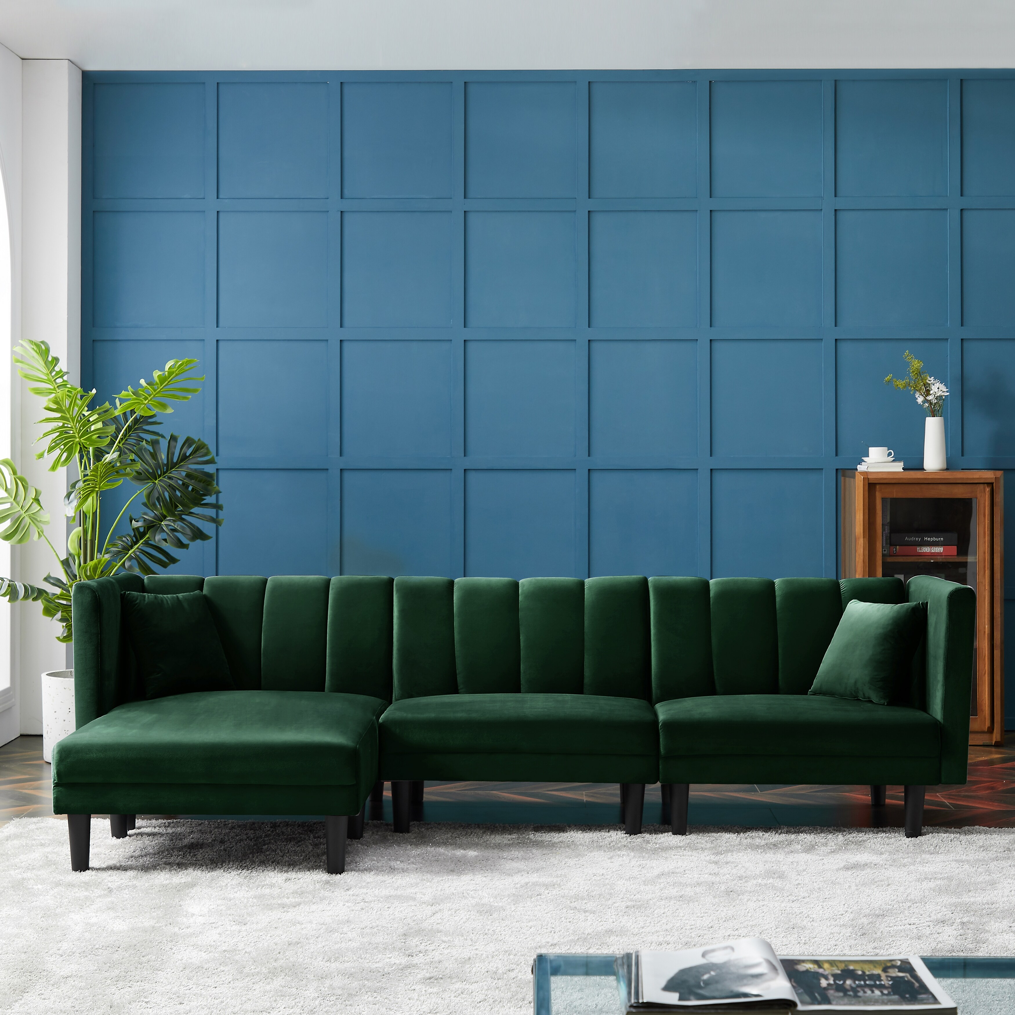 Caterina Velvet Modern Tufted Living Room Corner Sectional Sofa in Dark ...