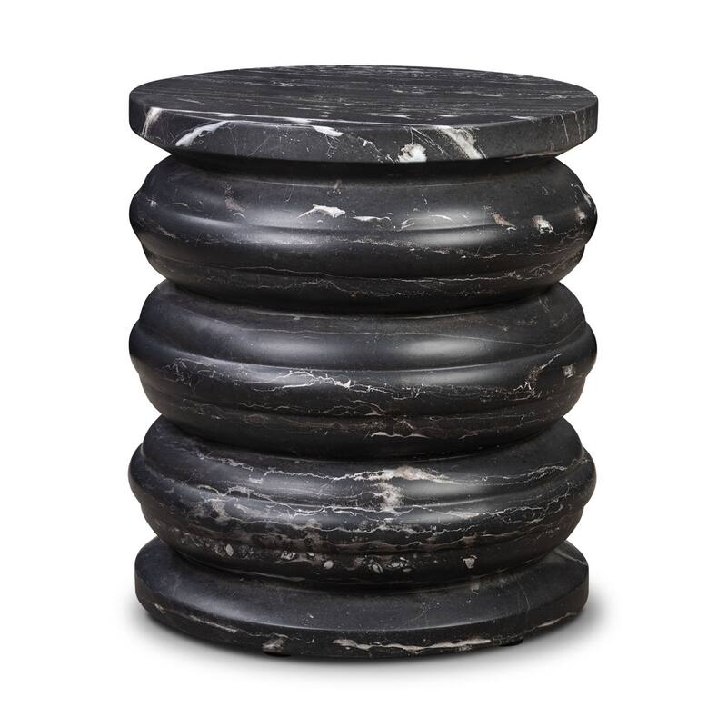 Marq Rounded Tiers Concrete Side Table with Marble Finish - Black Marble