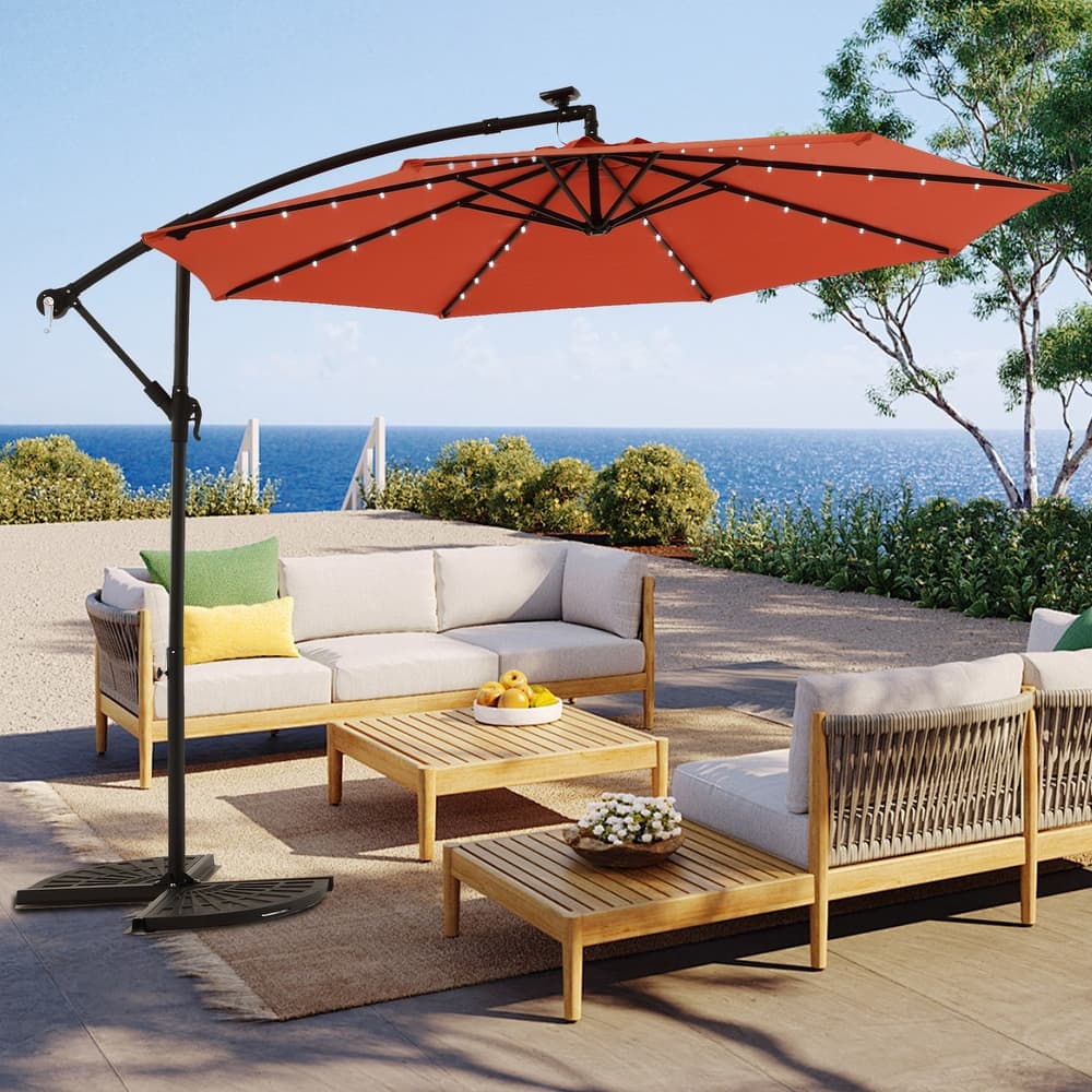 HOMEFUN 10ft Solar LED Offset Hanging Market Patio Umbrella