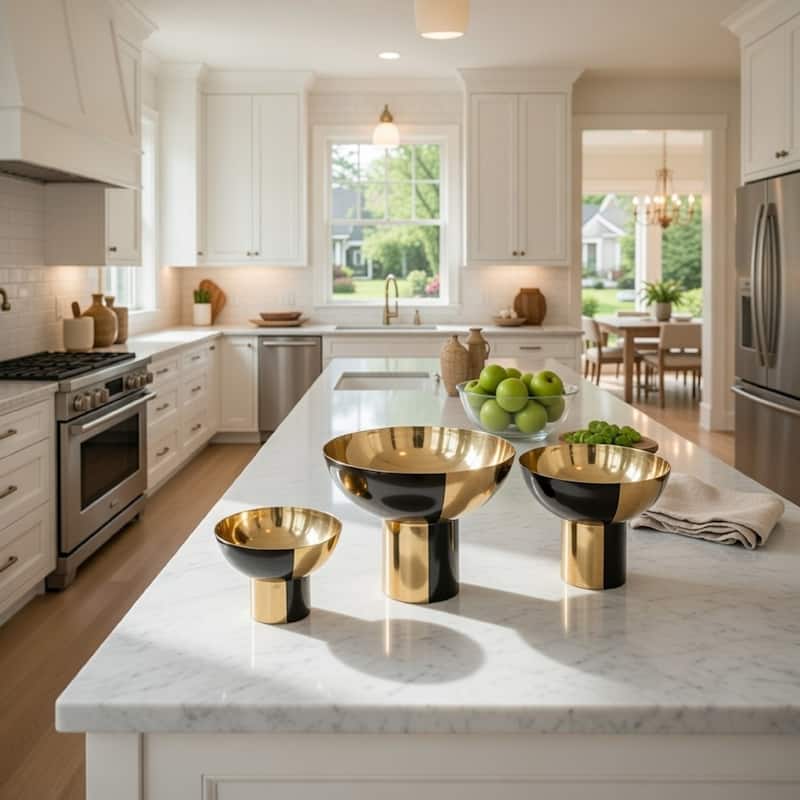 Set of 3 Round Bowls, Black and Gold Aluminum Finish, Sturdy Metal Stand