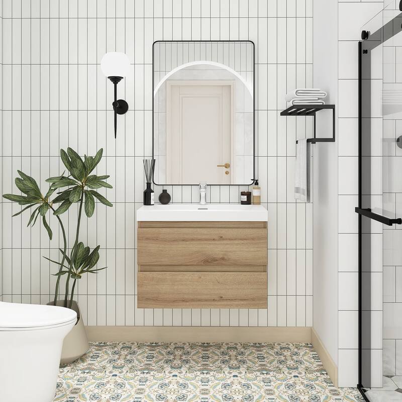 MDF Wall-Mounted Bathroom Vanity Set in Oak with Integrated Culture Marble Sink