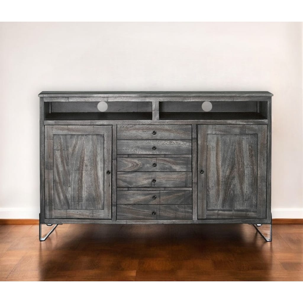 HomeRoots 60" Gray Solid Wood Cabinet Enclosed Storage Distressed TV Stand - 60' X '37.25' X '17.75