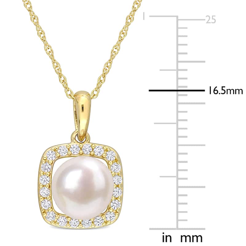 Miadora 7-7.5mm Cultured Freshwater Pearl and 1/5 ct TGW Created White Sapphire Halo 10k Yellow Gold
