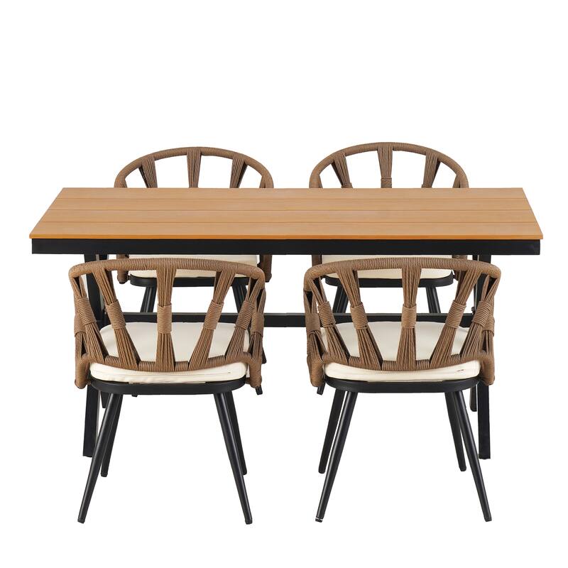 5 Pcs Outdoor Dining Table and Chairs Set, Patio Furniture Sets with PE Rattan Chairs and Rectangular Wood Table