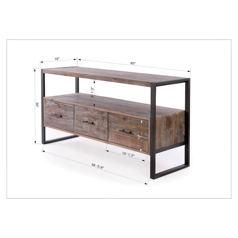 60 inch Reclaimed wood Media TV Console table with 3 Drarwer, Open Shelf
