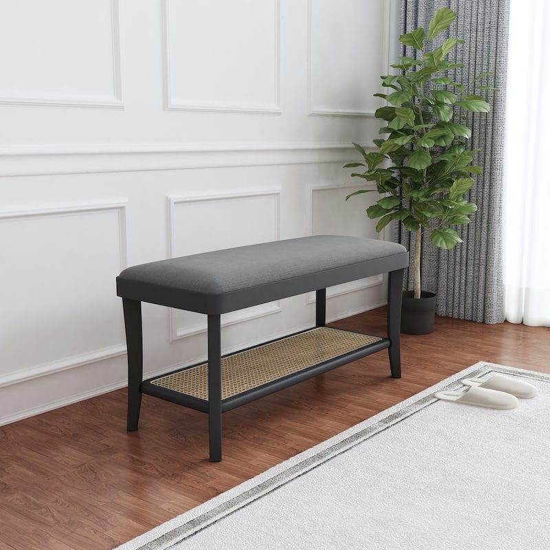 Maisy 15-Inch Solid Rectangle Bench - Gray Velvet w/ Birch wood legs+Natural rattan shelve