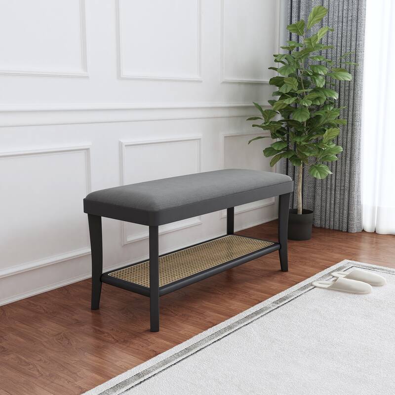 Maisy 15-Inch Solid Rectangle Bench - Gray Velvet w/ Birch wood legs+Natural rattan shelve