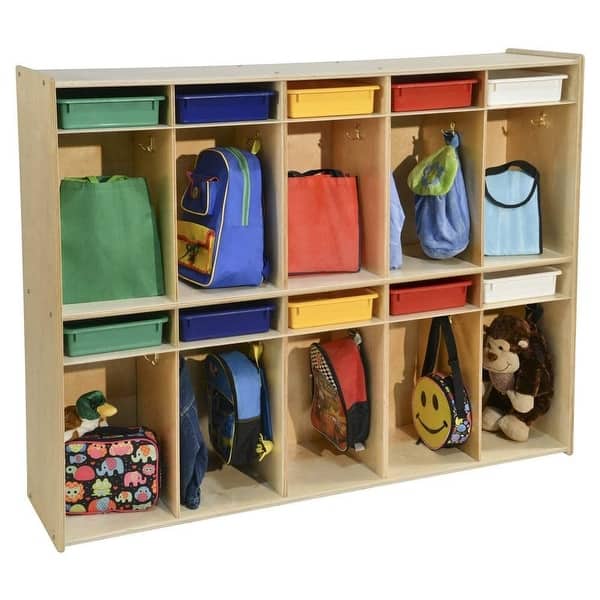 slide 2 of 5, Contender Birch 10 Section Locker with Assorted Bins, Hanging Hooks, Coat Rack, Backpack Organizer, Toy Storage for Kids - 58"