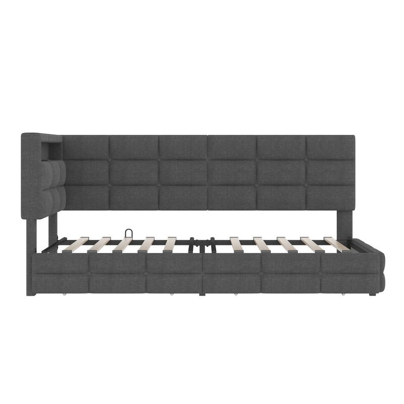 Daybed with 2 Drawers, Upholstered Daybed with Charging Station & LED Lights, Sofa Bed Frame with Storage Headboard