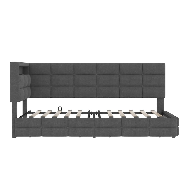 Tufted Upholstered Twin Size LED Daybed with Charging Station, Linen Fabric L Shaped Floor Sofa Bed Frame with 2 Storage Drawers