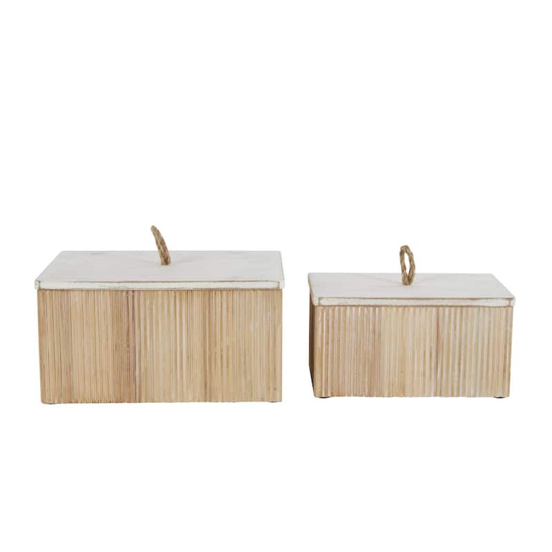 Wooden Washed Ribbed Storage Box with White Lids and Rope Handles - Set of 2 Brown - Roche River Decor
