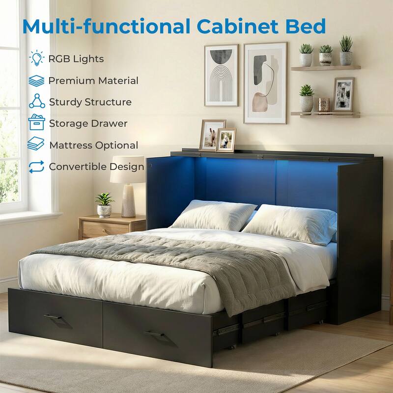 Mixoy Smart RGB LED Murphy Bed,Space Saving Cabinet Bed with Storage