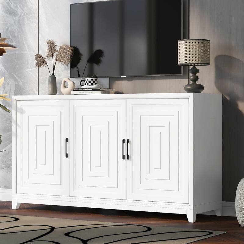 Wood Entertainment Center, TV Stand with Geometric Doors, Media Console Cabinet with Adjustable Shelves