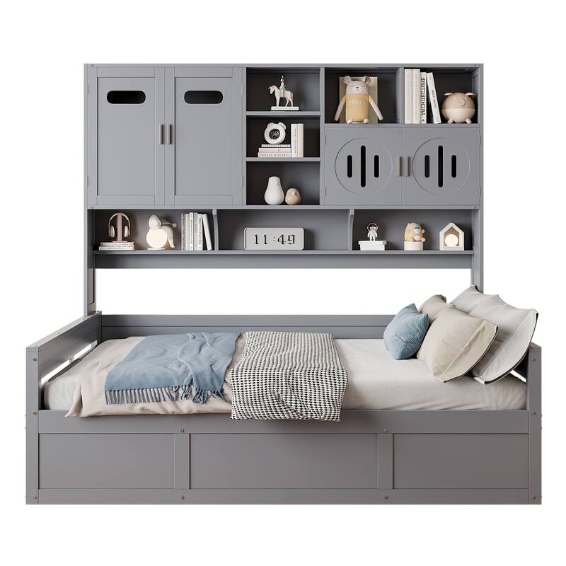 Wooden Daybed Storage Platform Bed with All-in-One Cabinet and Shelf, 10 Slats Multi-Functional Space-Optimizing Bed Frame