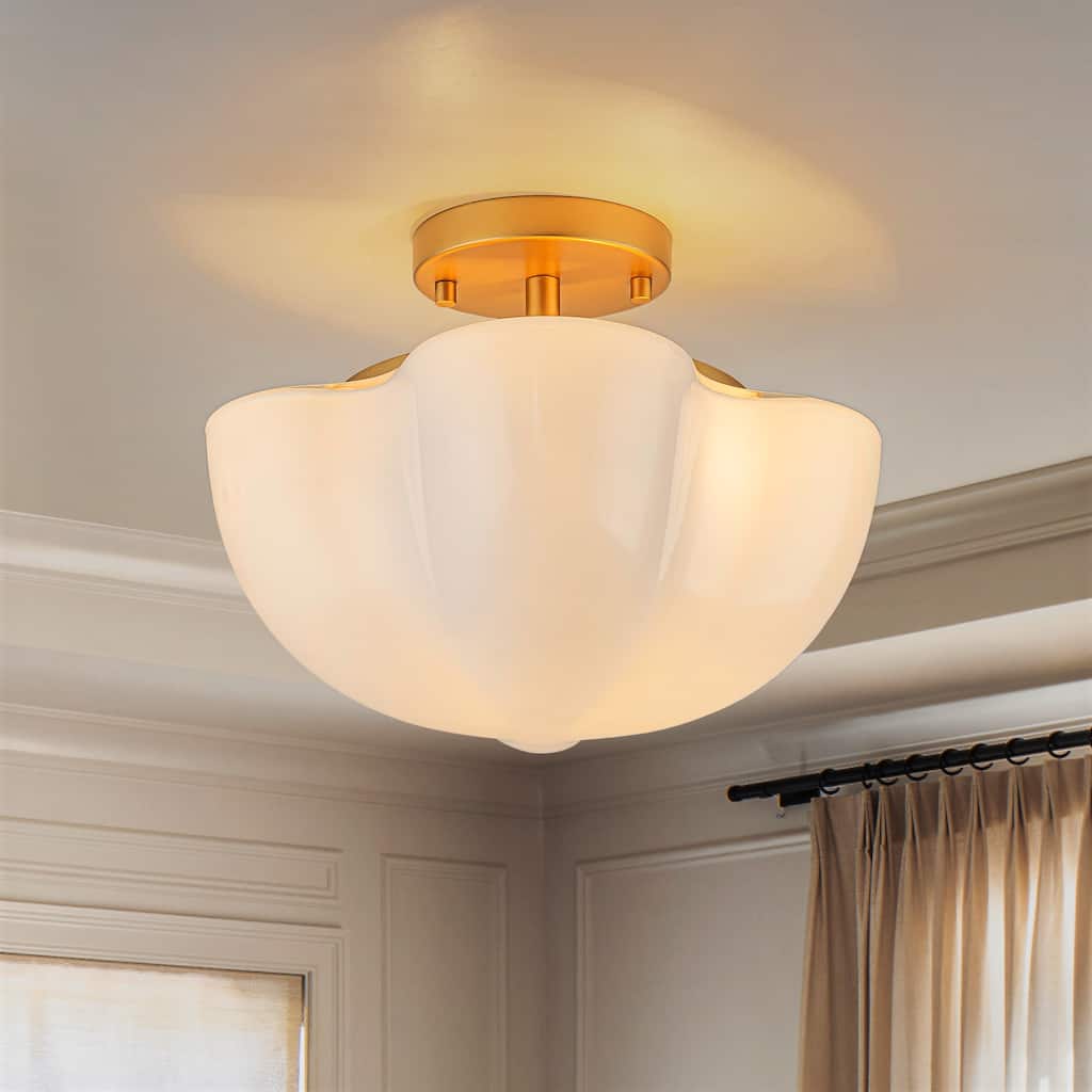 Modern Glam 3-Light Opal Glass Semi Flush Mount - Gold - 12.2-in W x 9.4-in H