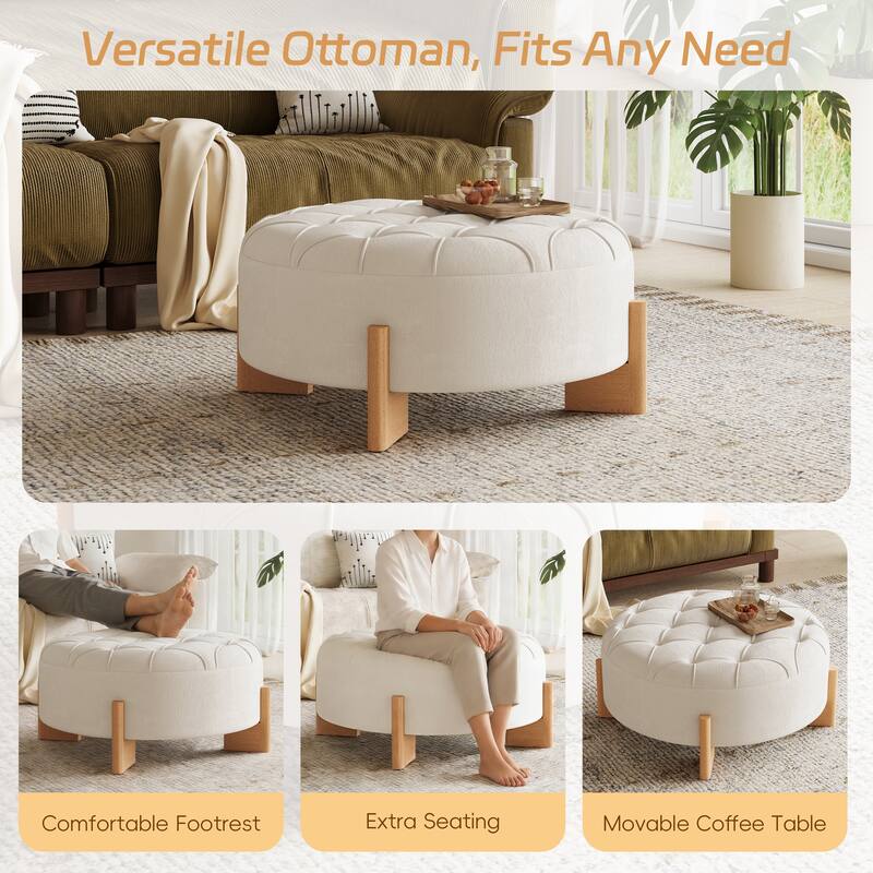32" Round Tufted Ottoman with Solid Wood Legs by Harper&Bright Designs