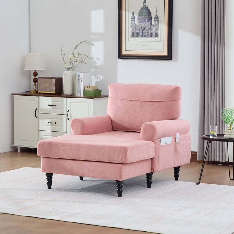 Modern Chaise Lounge Single Sofa Chair, Chenille Fabric Recliner Armchair with Side Pockets and Wooden Legs