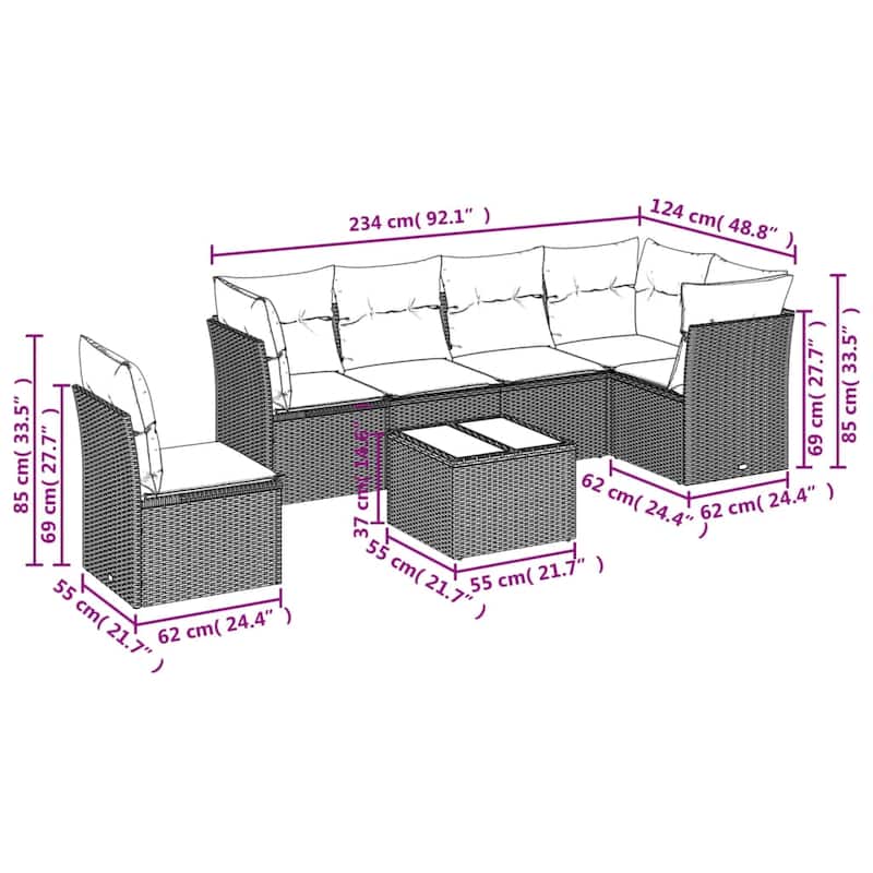 vidaXL Garden Sofa Set Grey PE rattan, powder-coated steel, tempered glass - 21.7 x 21.7 x 14.6