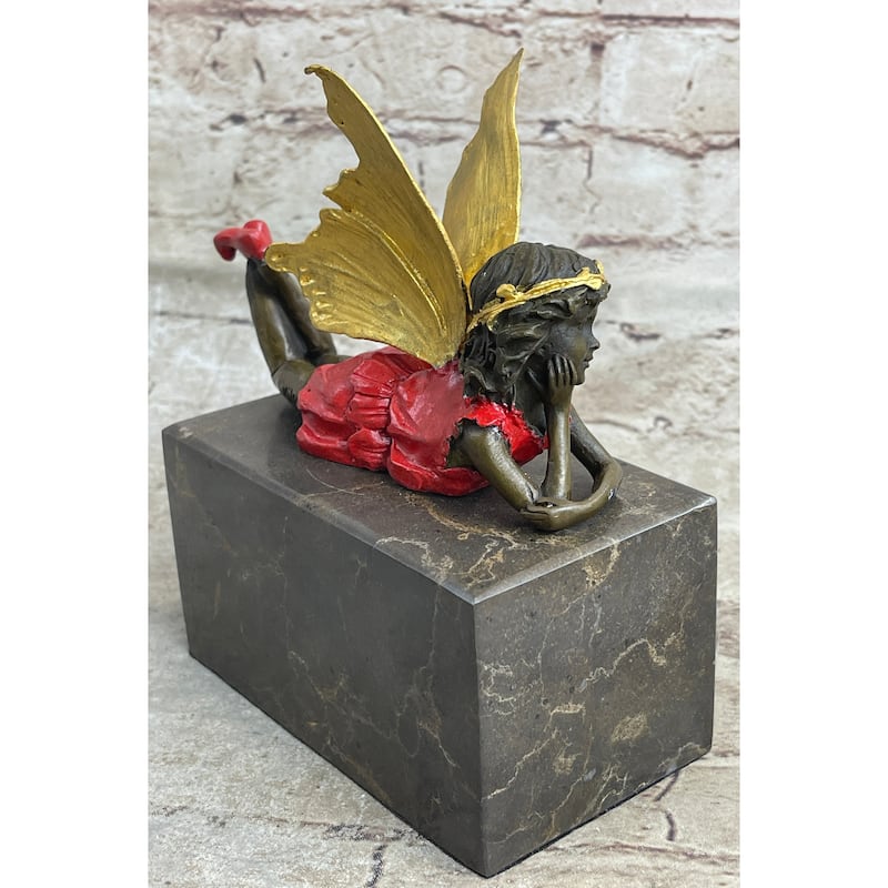 Colorful Resting Fairy Girl Child Bronze Metal Figurine Sculpture On Marble Base