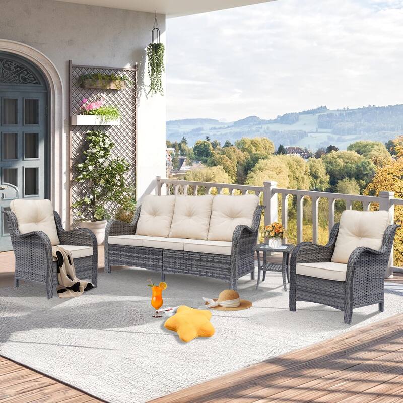 High Back Wicker Outdoor Patio Conversation Seating Sets with Cushions - 4 Piece - Beige/Gray Wicker