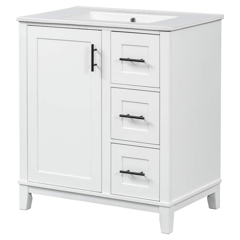 30 Inch Bathroom Vanity Ceramic Sink Rubberwood MDF 1 Door 3 Drawers Soft Close Modern
